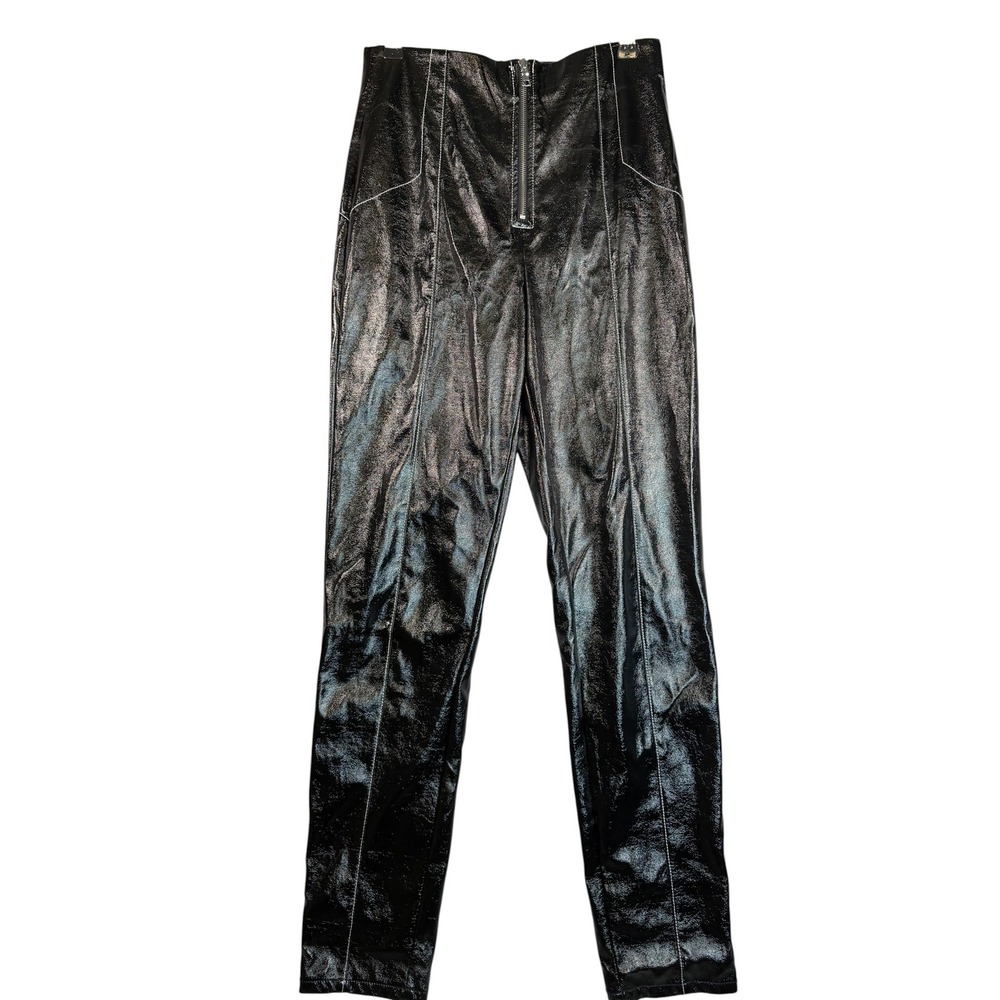 Aritzia Sundays Best Black Vegan Leather High Waisted Zip‎ Front Pants Metallic
